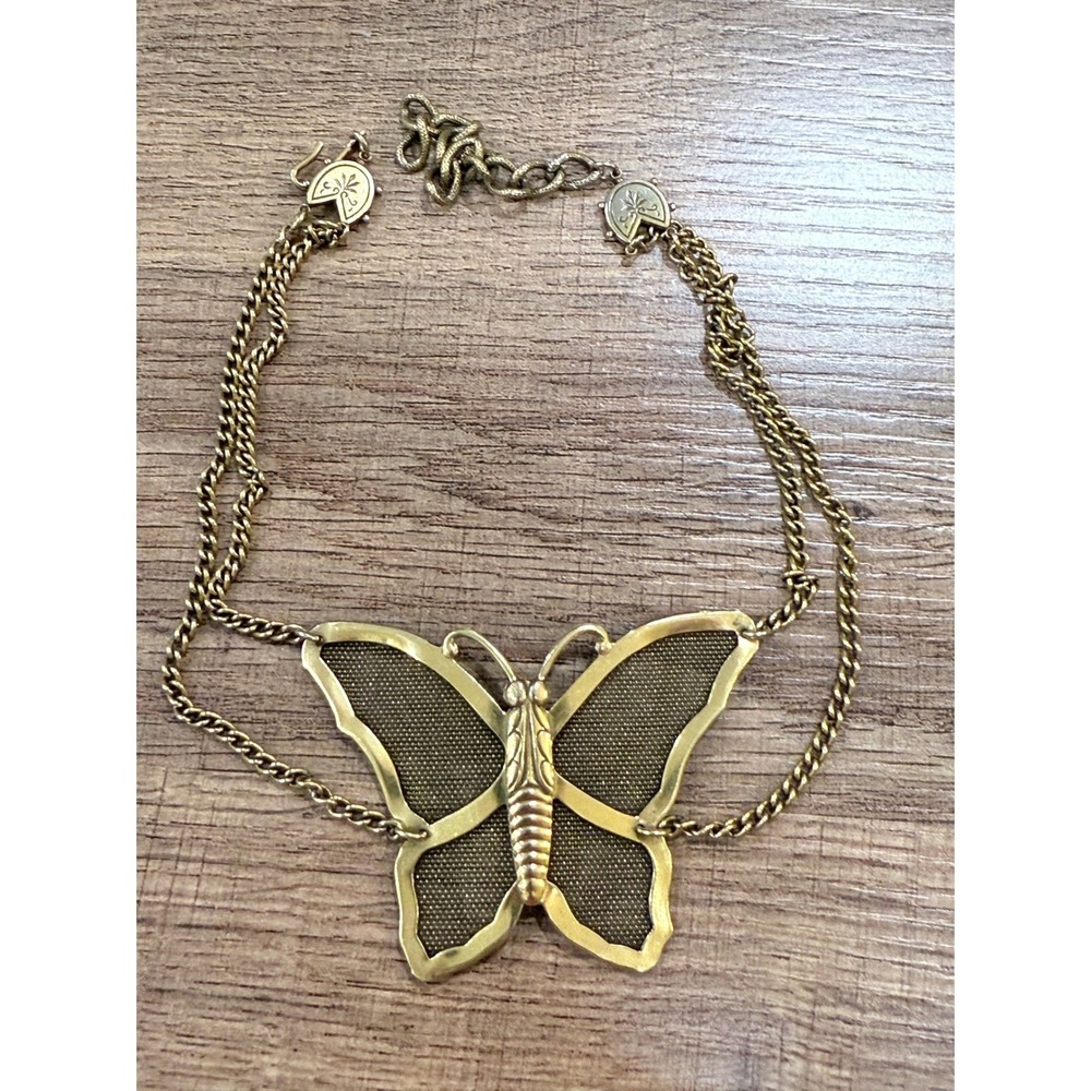 Vintage 70s Gold Tone Mesh Butterfly Mesh Wing Choker Necklace Statement Piece